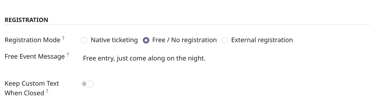 The Registration group with Free / No registration chosen: the Free Event Message field holds the text visitors will see.