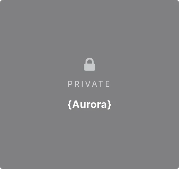 The events listing: the private event's card shows only a lock, the word Private and the codename Aurora in braces.