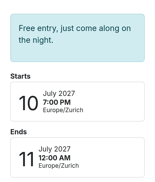 The event page's sidebar: the free-entry message stands where the register button would be.