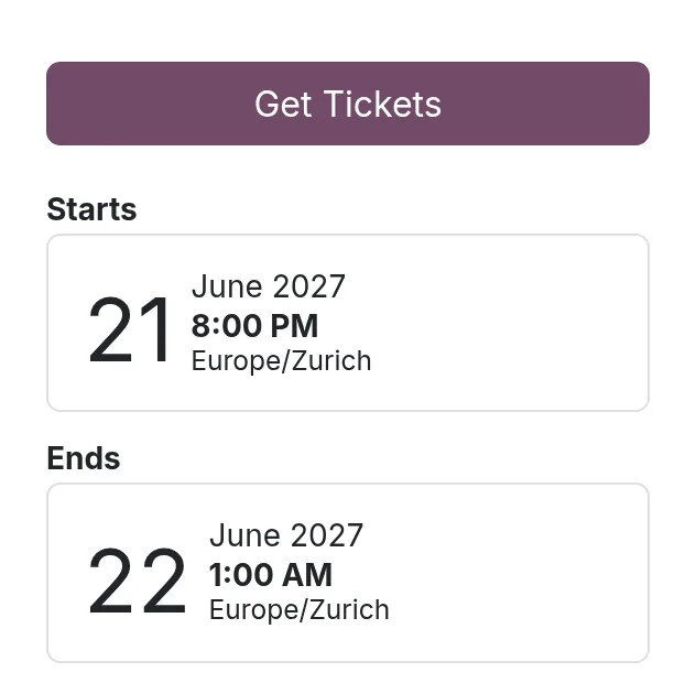 The event page's sidebar: a Get Tickets button where Odoo's register button would be.