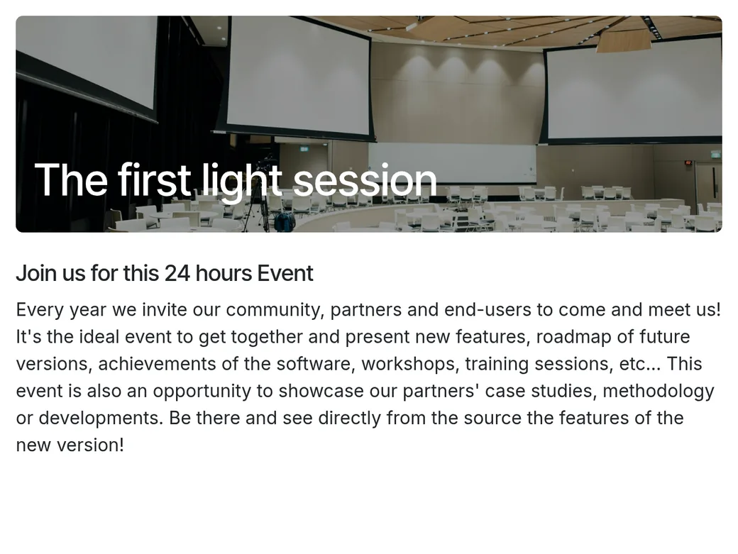 After the right password: the event page opens, titled The first light session.