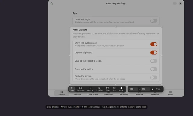 All-In-One: an area selected with handles, its size typed in, and a toolbar of Area, Fullscreen, Window, Scrolling, Timer, Text and Record