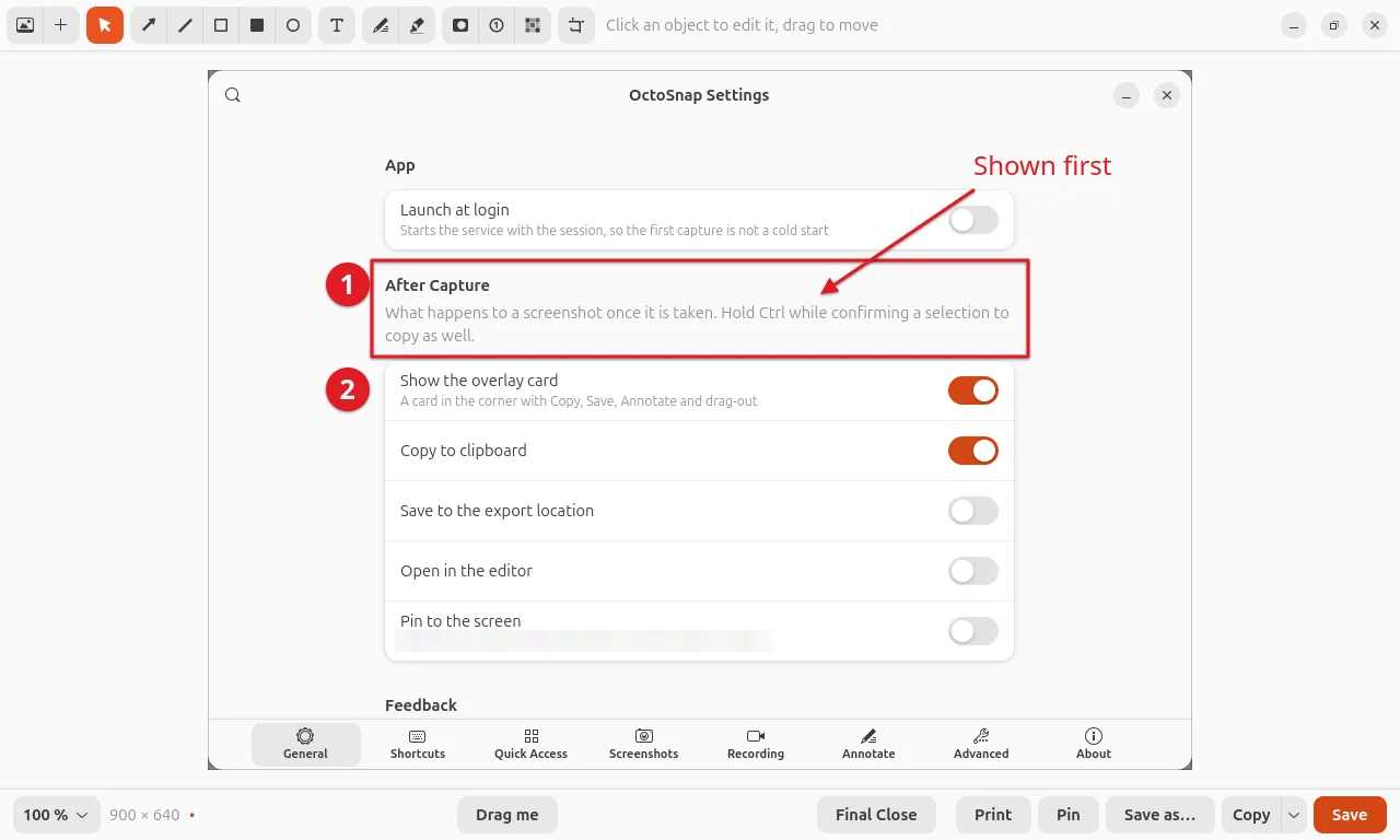 OctoSnap's editor: a capture of its Settings, with a red arrow, a callout reading Shown first, a framed section and two numbered steps