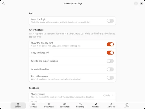 OctoSnap's Settings, on what happens after a capture: show the card, copy, save, open in the editor, pin